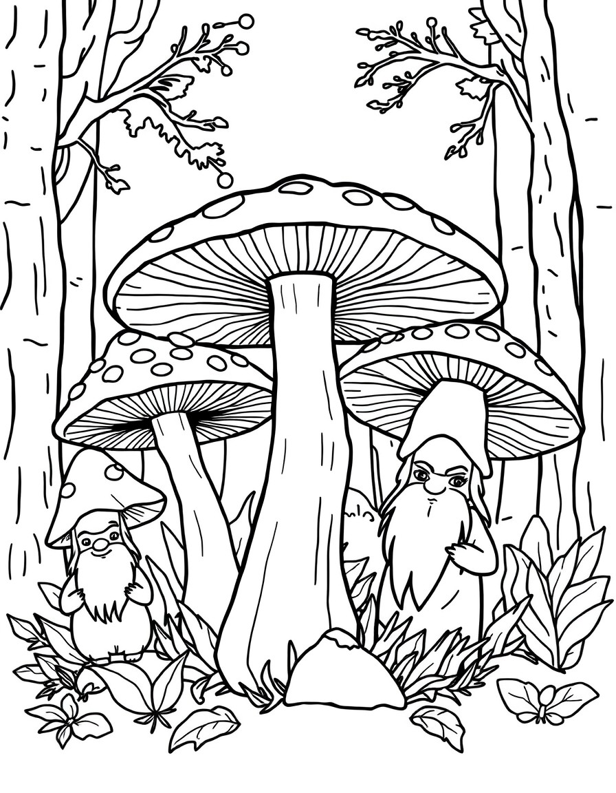 Mushrooms in the forest with gnomes