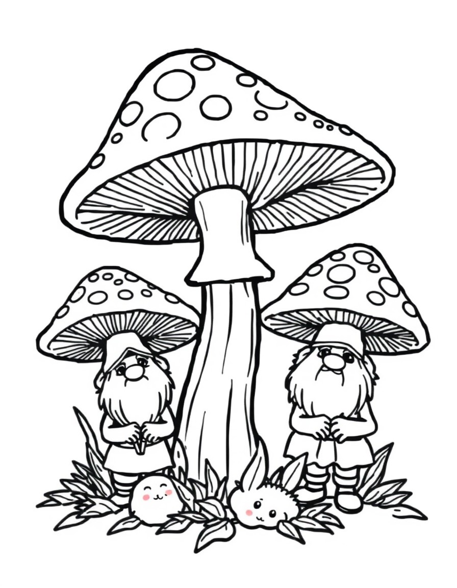 Mushrooms in the forest with gnomes