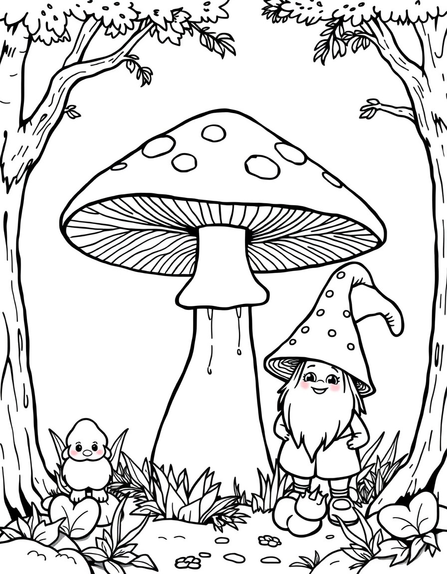 Mushrooms in the forest with gnomes