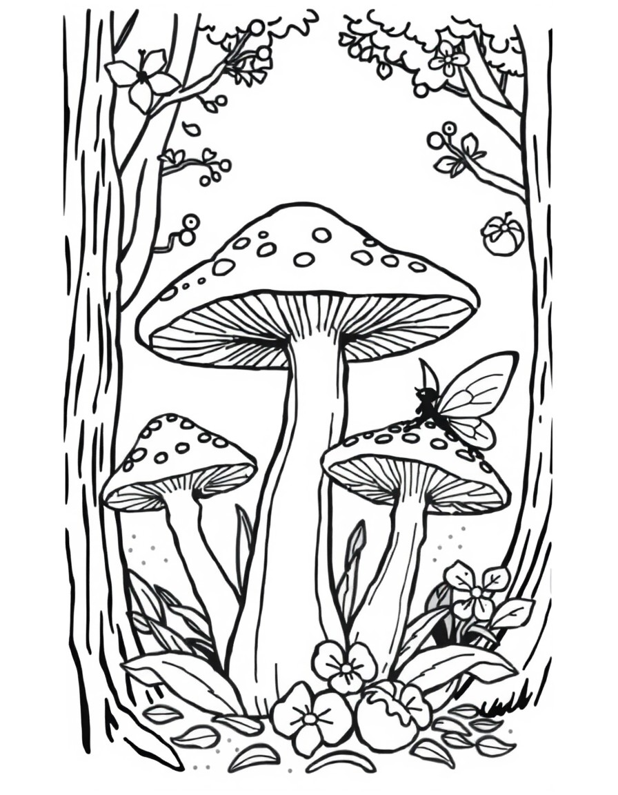 Mushrooms in the forest with fairies