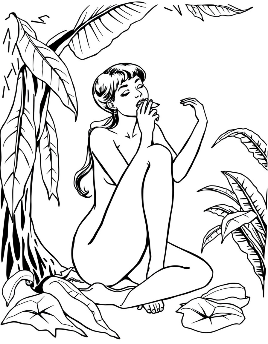 Nude woman with legs spead eating a banana