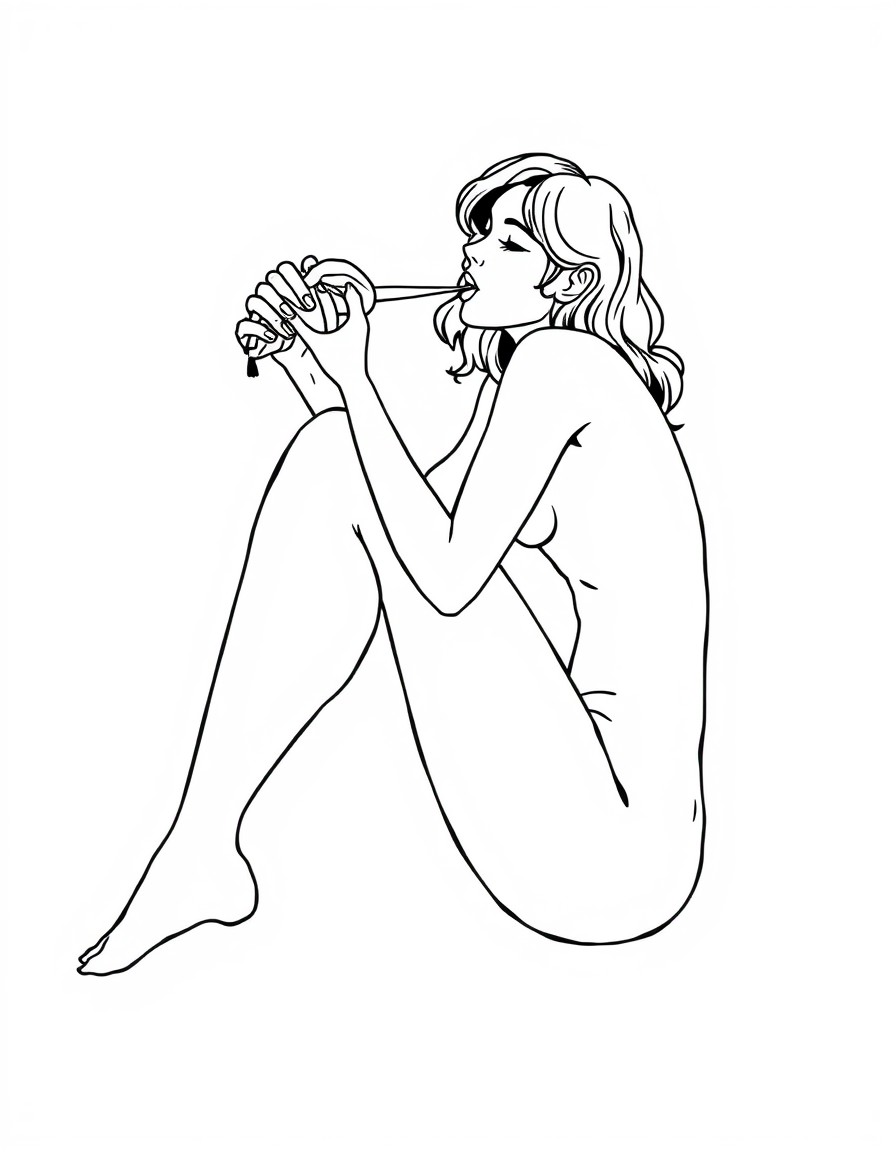 Nude woman with legs spead eating a banana