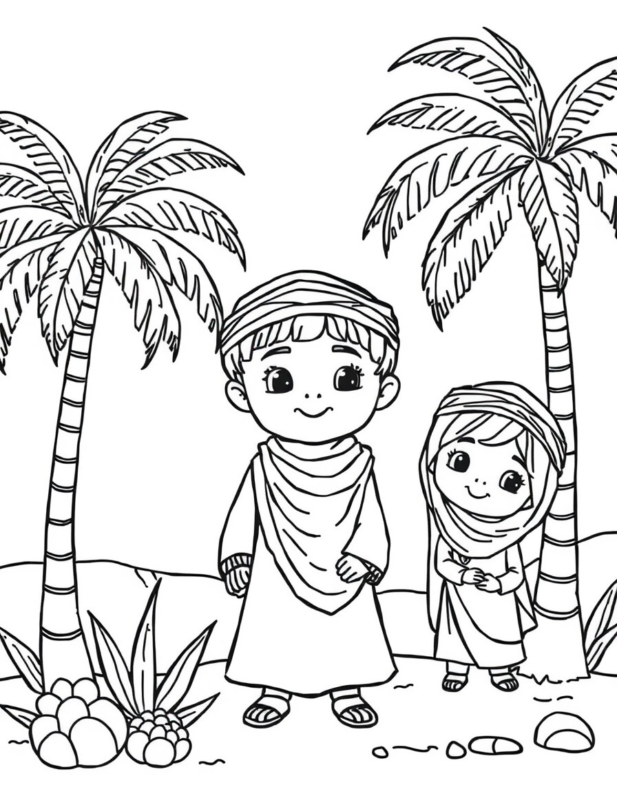 Cute Arabic children with palm trees