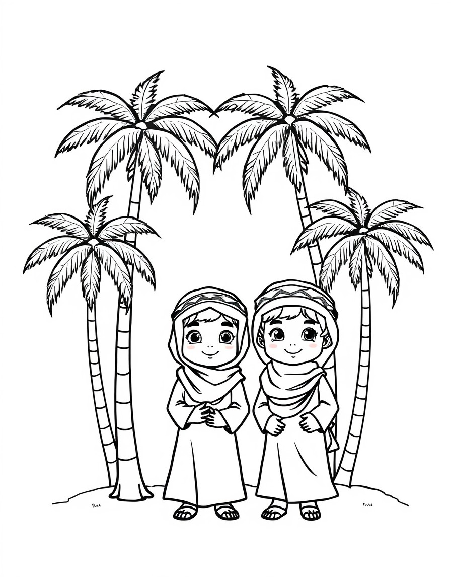 Cute Arabic children with palm trees