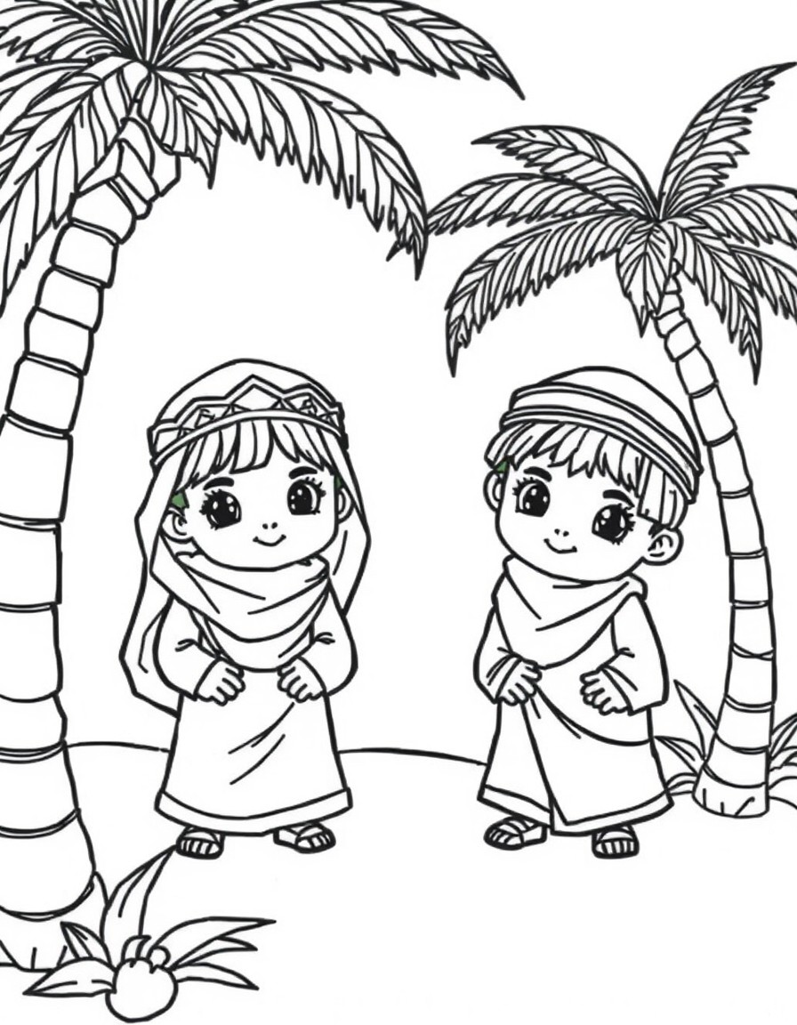 Cute Arabic children with palm trees