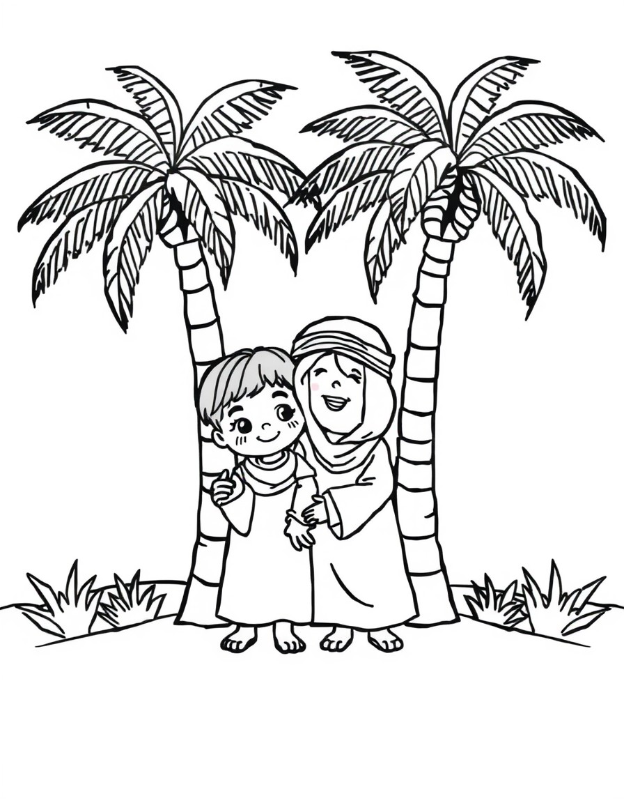 Cute Arabic children with palm trees
