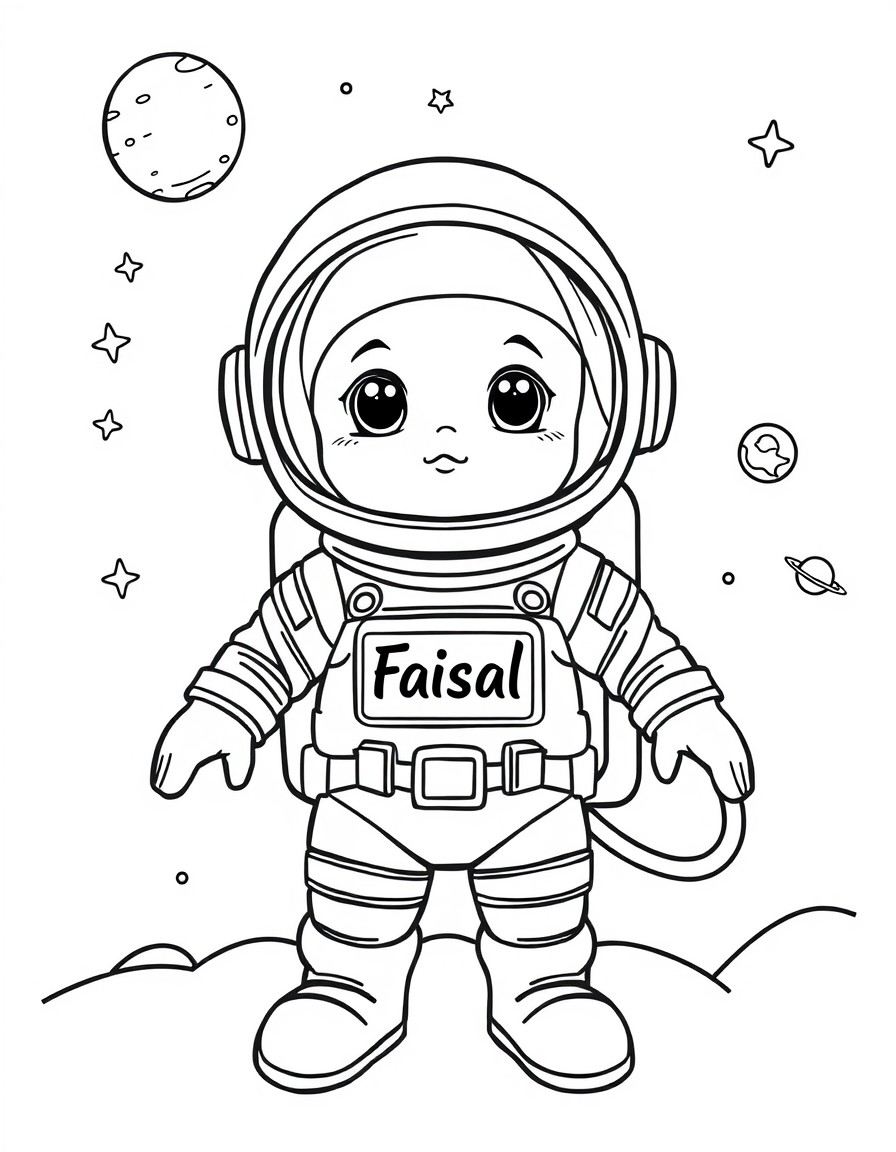 Cute tiny astronaut with the name Faisal on the chest exploring solar system