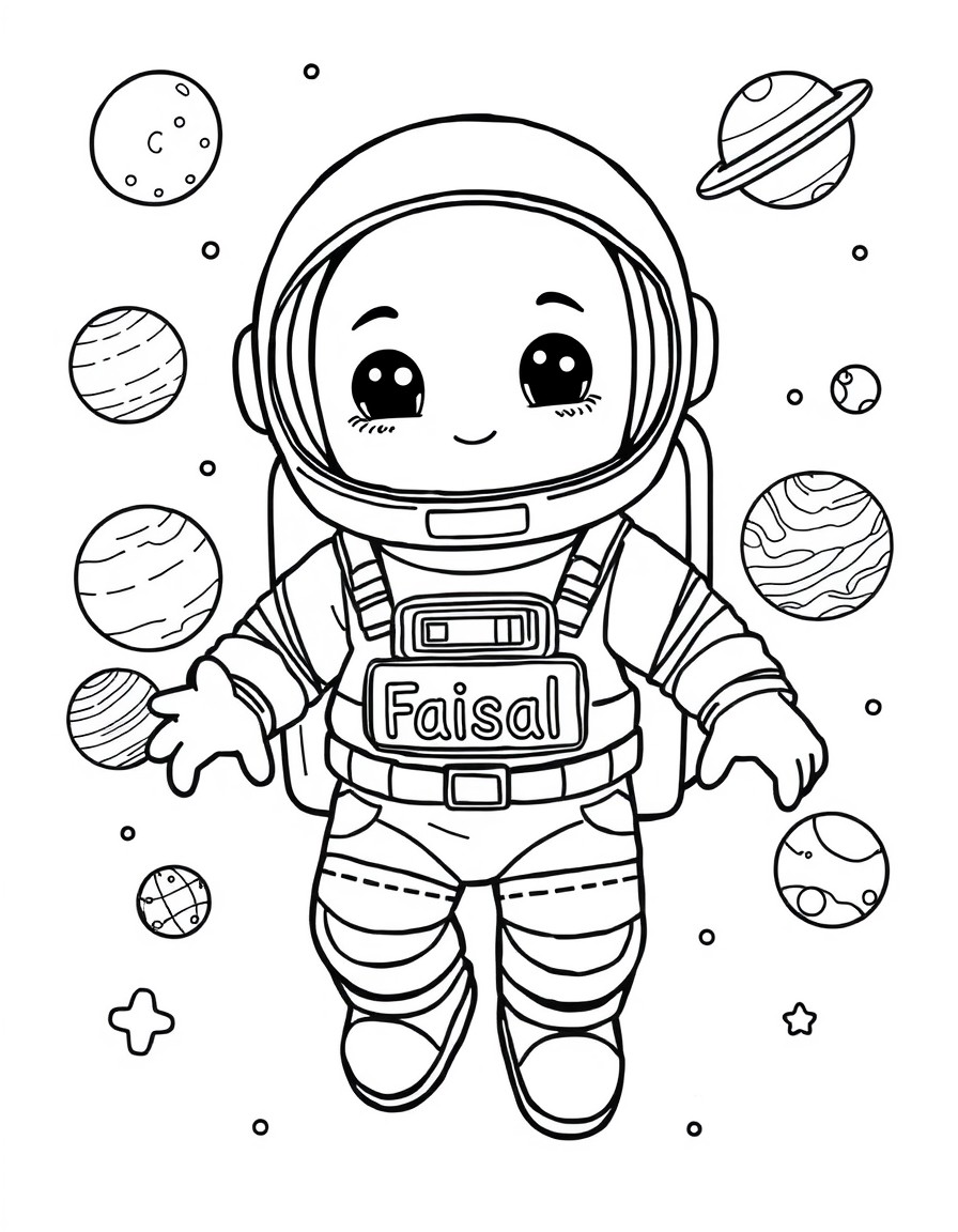 Cute astronaut with the name Faisal on the chest floating with planets from solar system