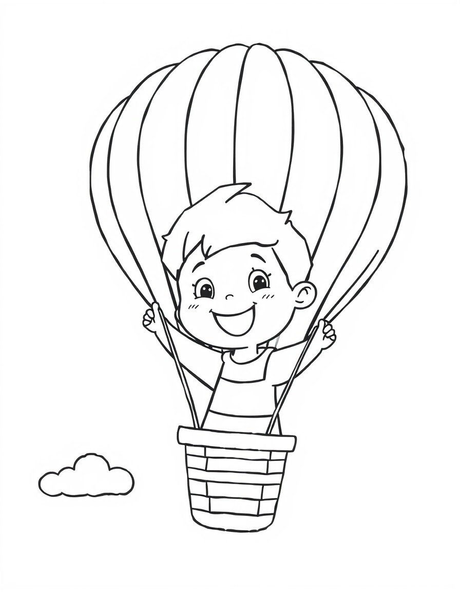 cute happy boy in a hot air balloon