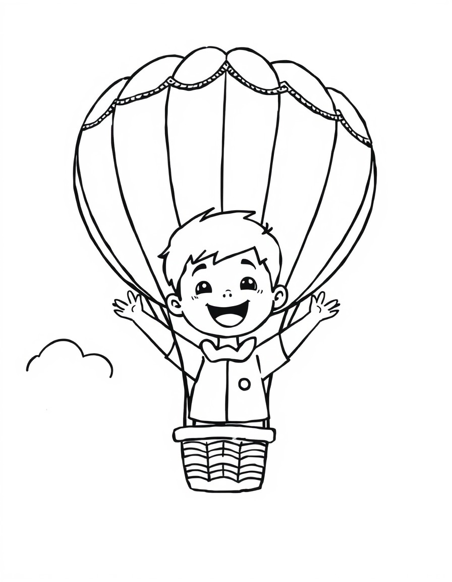 cute happy boy in a hot air balloon