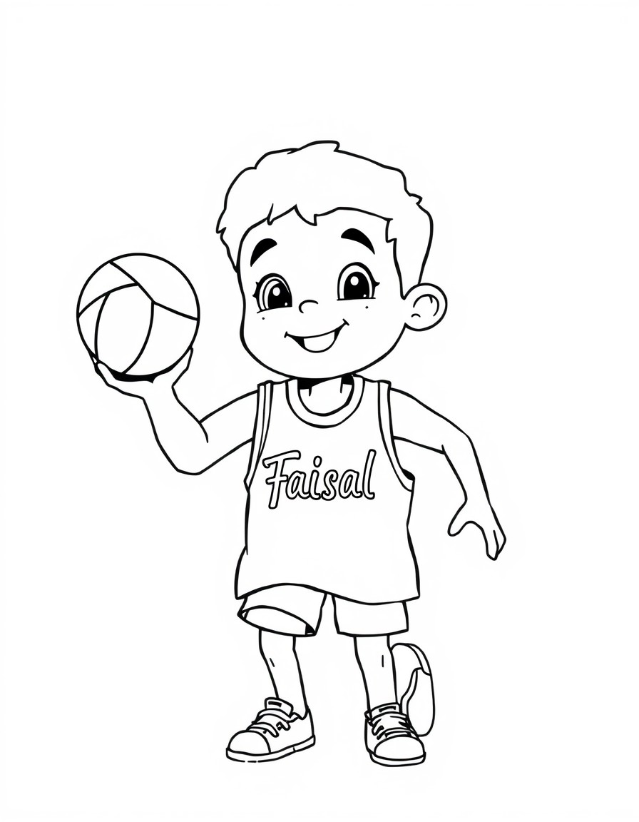 cute boy playing basket ball in court faisal written on jersey