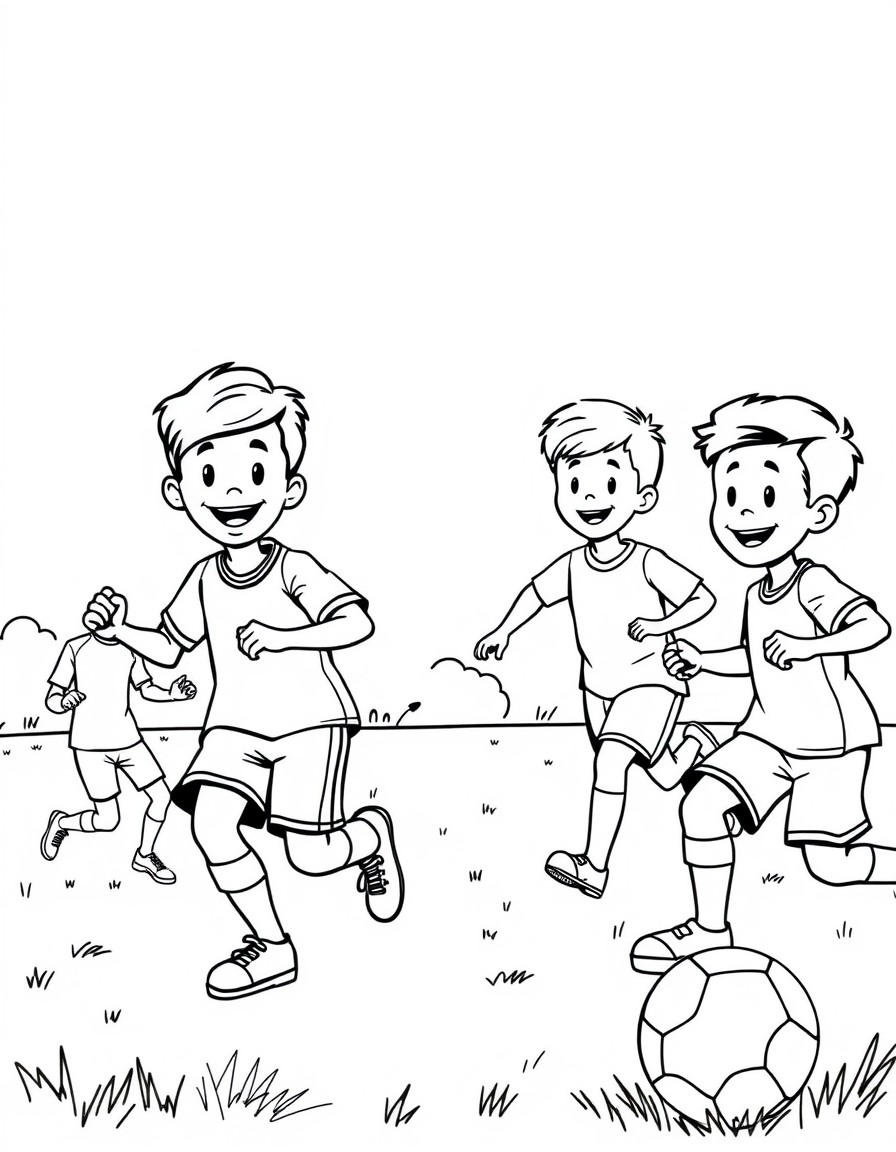 four happy boys playing in soccer field
