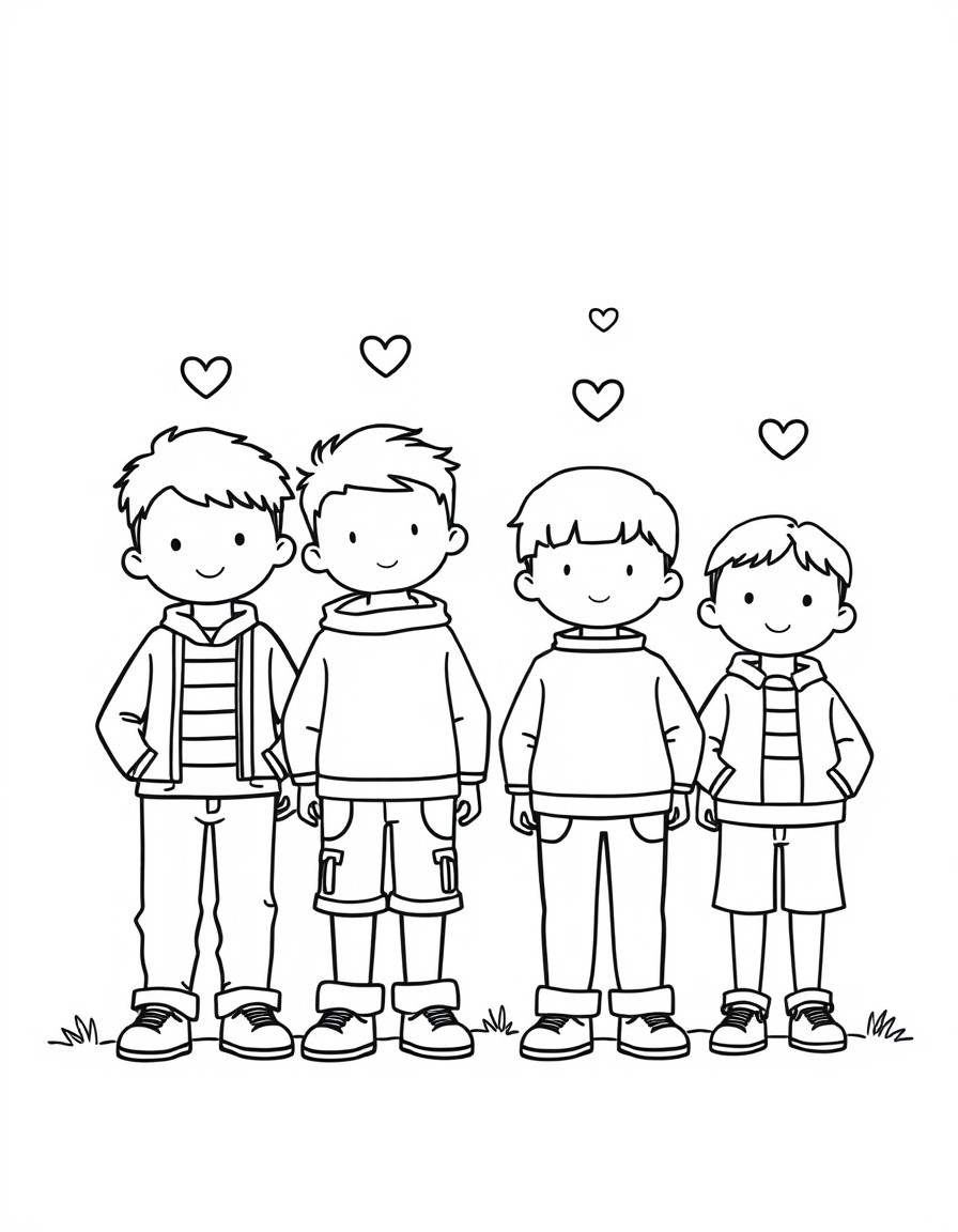 four brothers standing aside starting from tallest to shortest with hearts on top of them