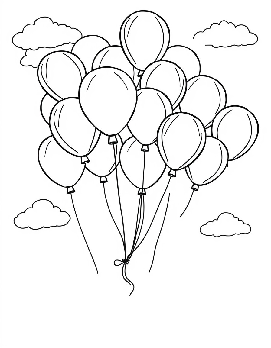 many balloons with different shapes and sizes floating in a cute cloudy sky