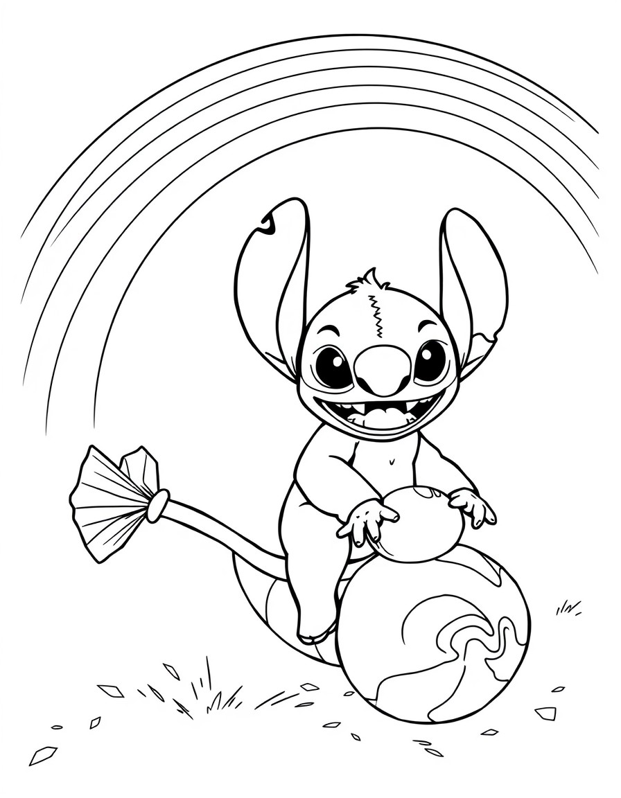 pucca and stich ridding on a candy and a rainbow behind them