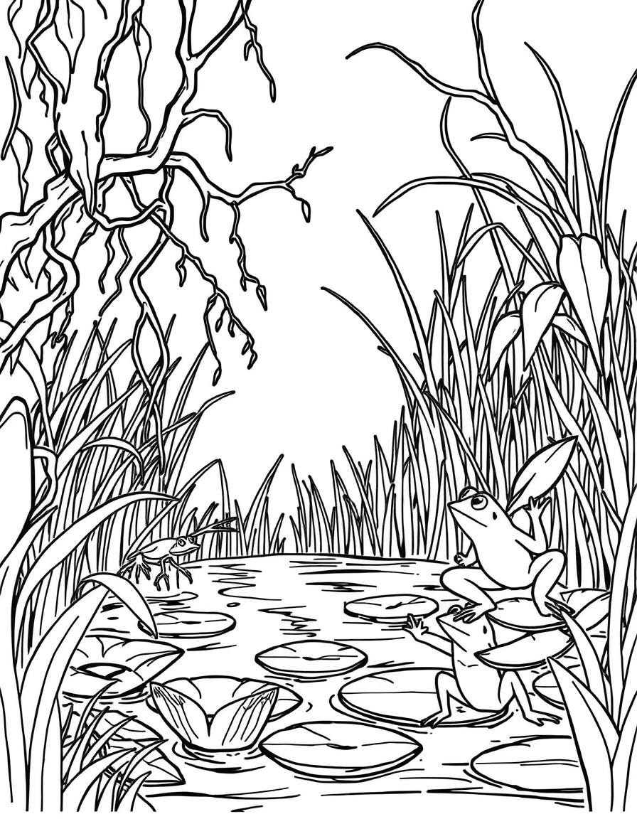 Chapter 3 Garys Stuck-Scary-Swamp Focus sc, sw, st blends Prompt for Coloring Page Gary stuck in a swampy area with sticky vines, swaying tall grass, and startled frogs jumping from lily pads.