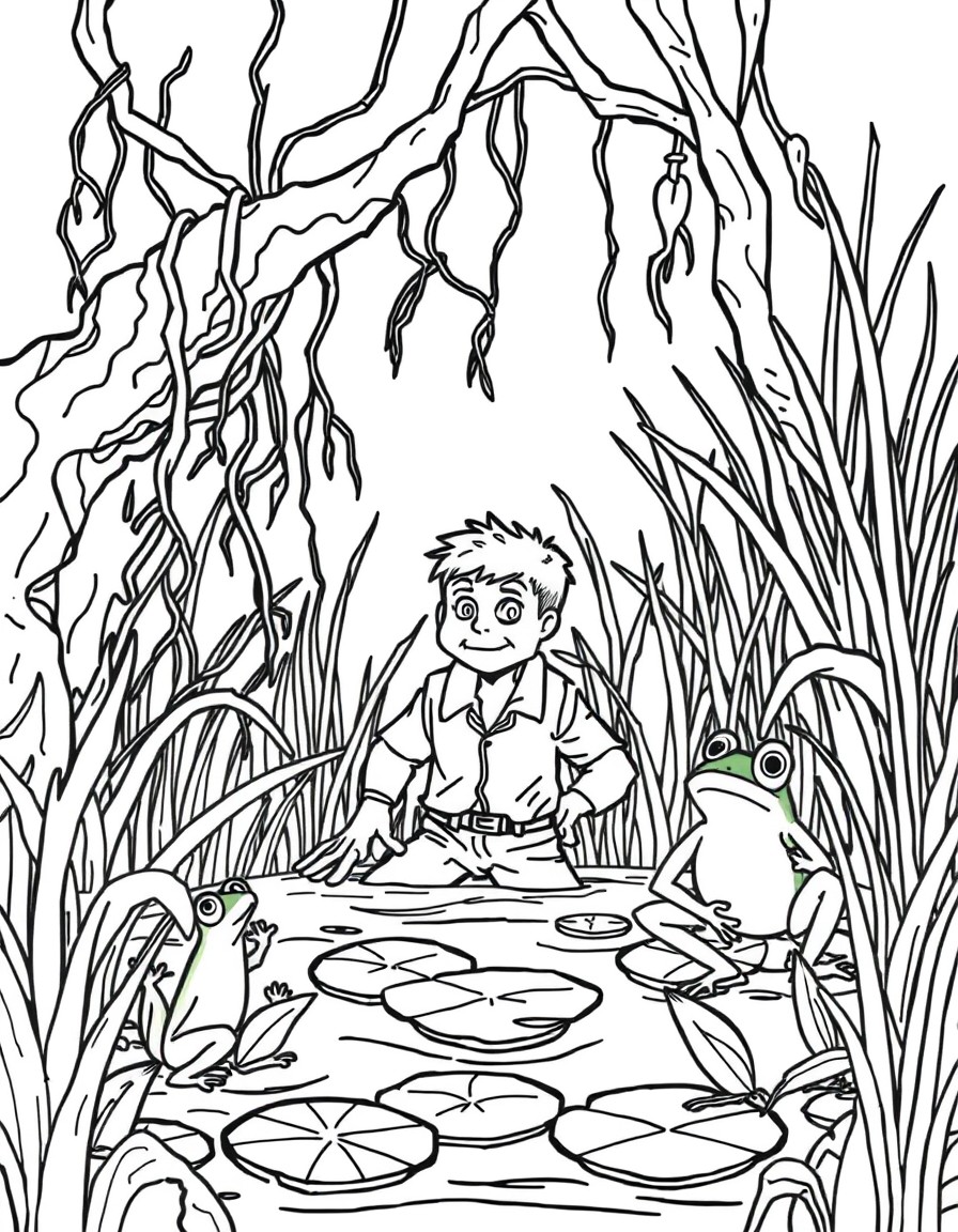 Chapter 3 Garys Stuck-Scary-Swamp Focus sc, sw, st blends Prompt for Coloring Page Gary stuck in a swampy area with sticky vines, swaying tall grass, and startled frogs jumping from lily pads.