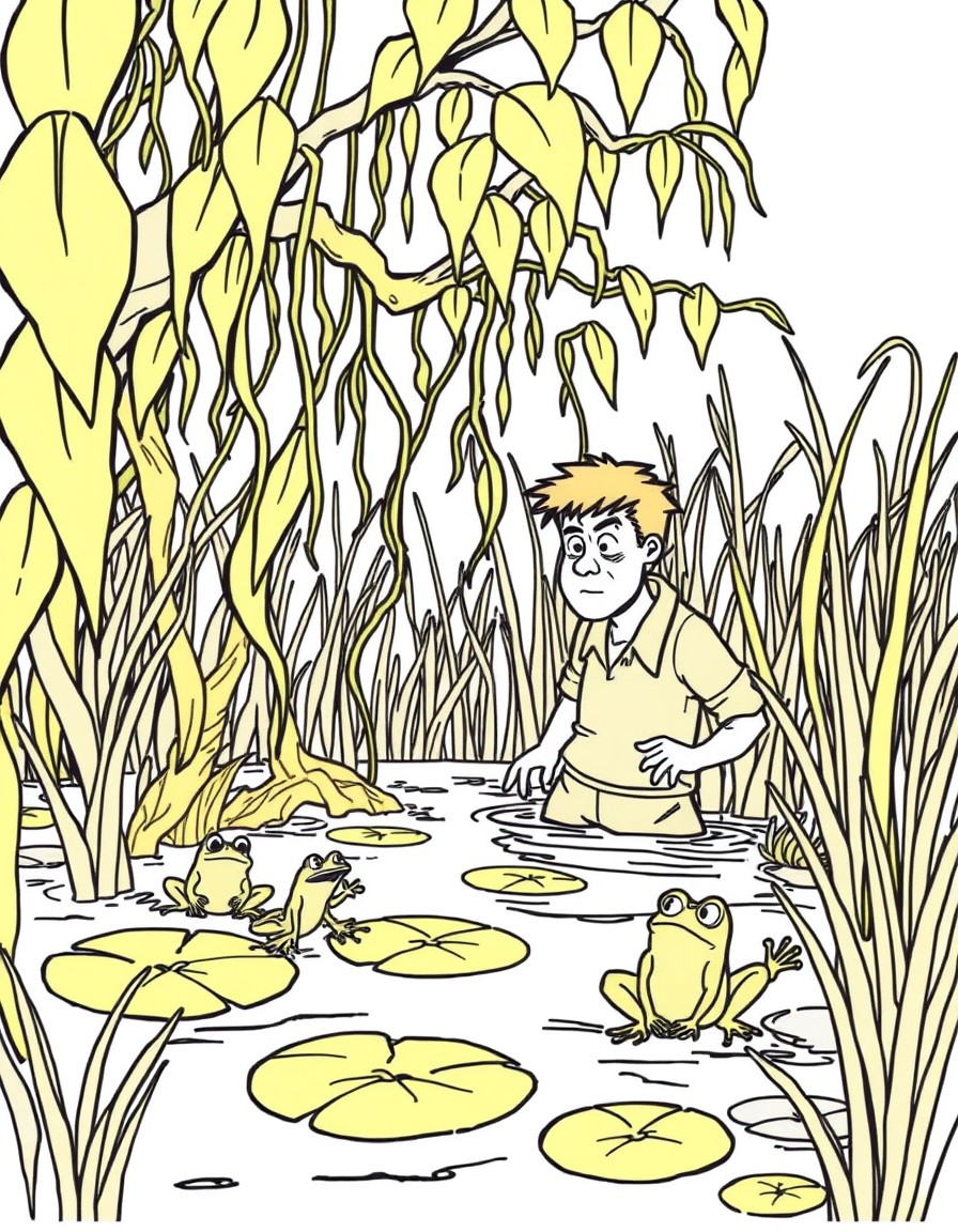 Chapter 3 Garys Stuck-Scary-Swamp Focus sc, sw, st blends Prompt for Coloring Page Gary stuck in a swampy area with sticky vines, swaying tall grass, and startled frogs jumping from lily pads.