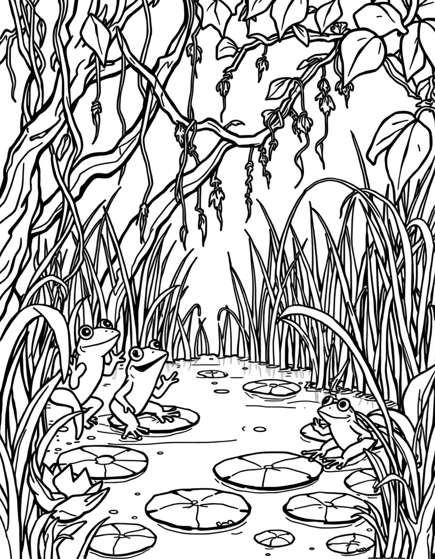 Chapter 3 Garys Stuck-Scary-Swamp Focus sc, sw, st blends Prompt for Coloring Page Gary stuck in a swampy area with sticky vines, swaying tall grass, and startled frogs jumping from lily pads.