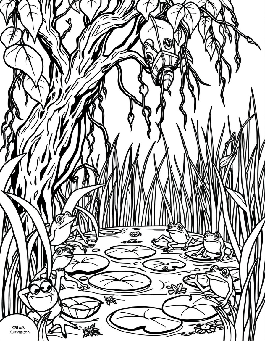 Chapter 3 Garys Stuck-Scary-Swamp Focus sc, sw, st blends Prompt for Coloring Page Gary stuck in a swampy area with sticky vines, swaying tall grass, and startled frogs jumping from lily pads.