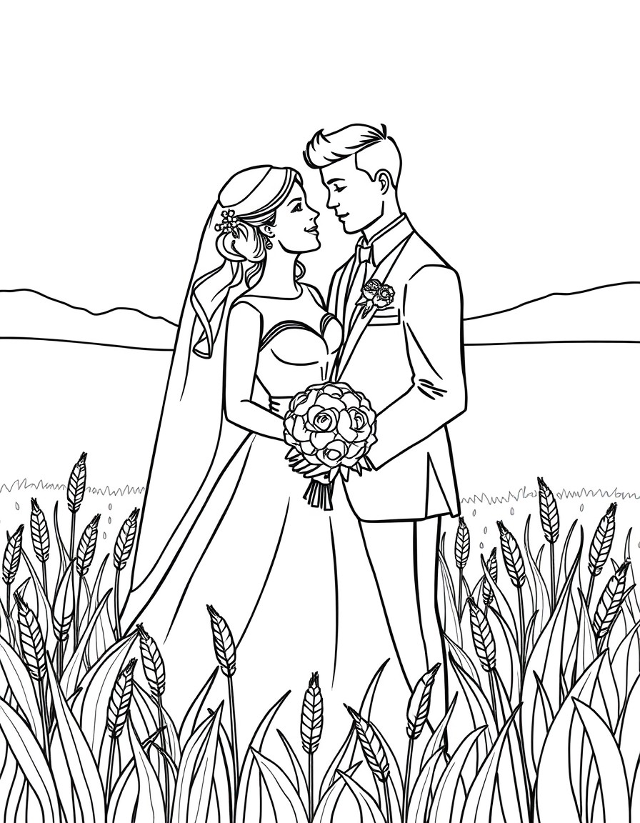 create wedding coloring page where the young couple is in a grain field