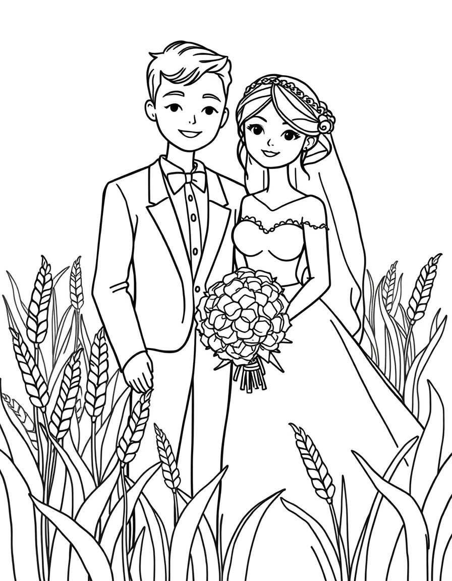 create wedding coloring page where the young couple is in a grain field