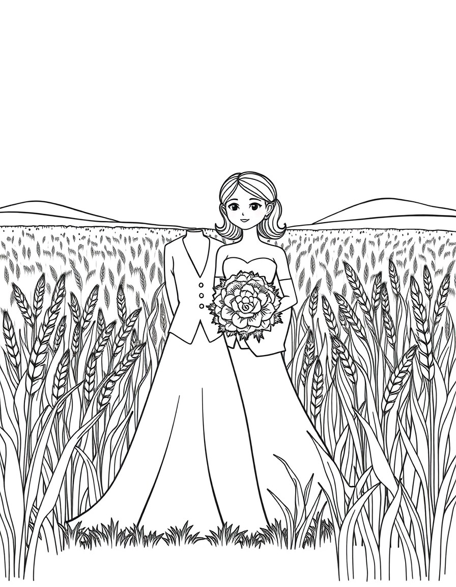 create wedding coloring page where the young couple is in a grain field