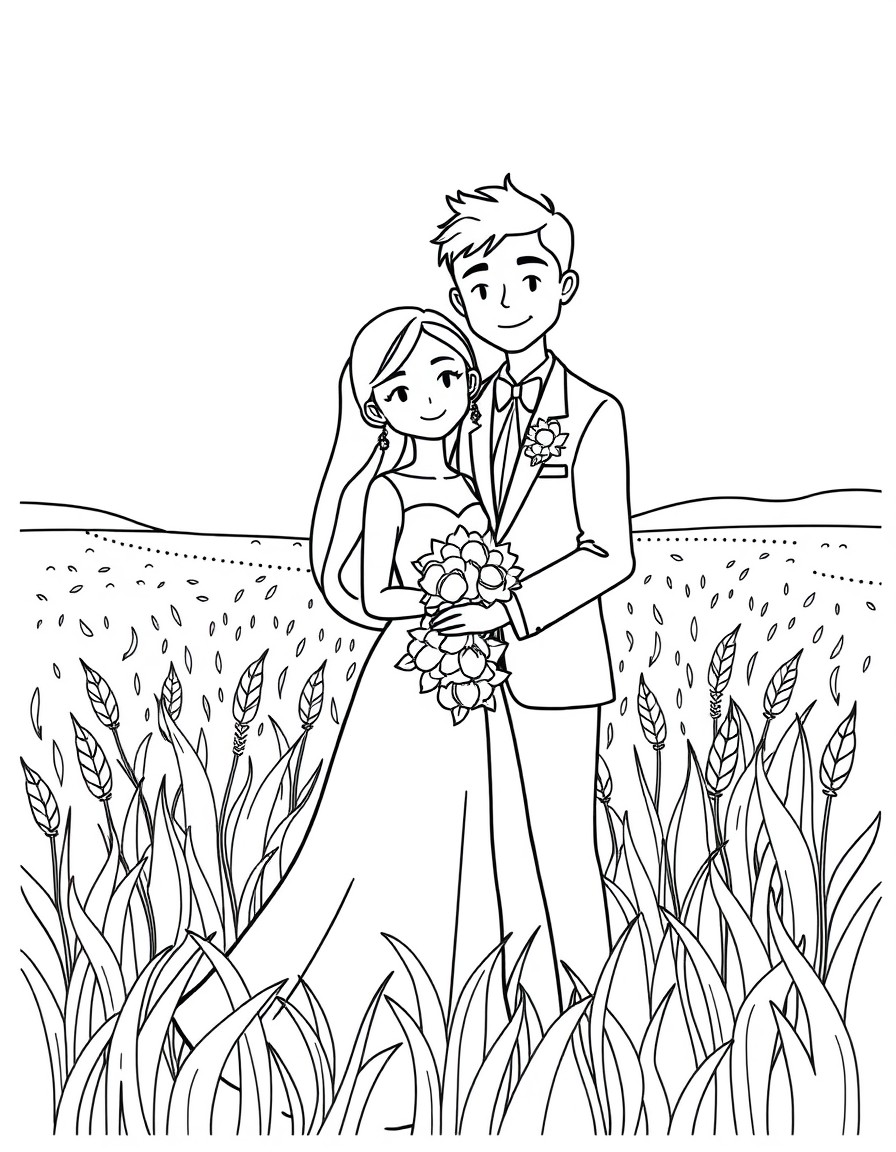 create wedding coloring page where the young couple is in a grain field