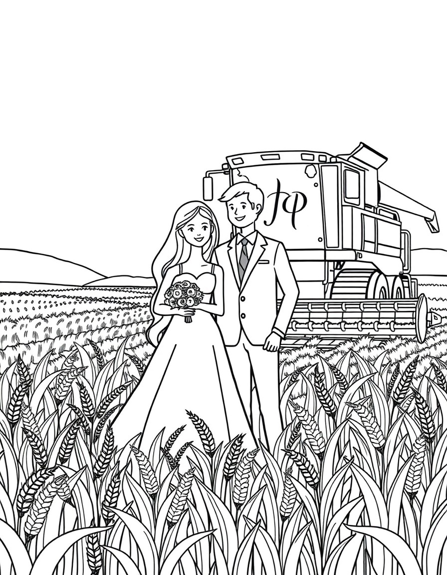 Wedding coloring page with a young couple standing in a grain field and a grain combine harvester also visible