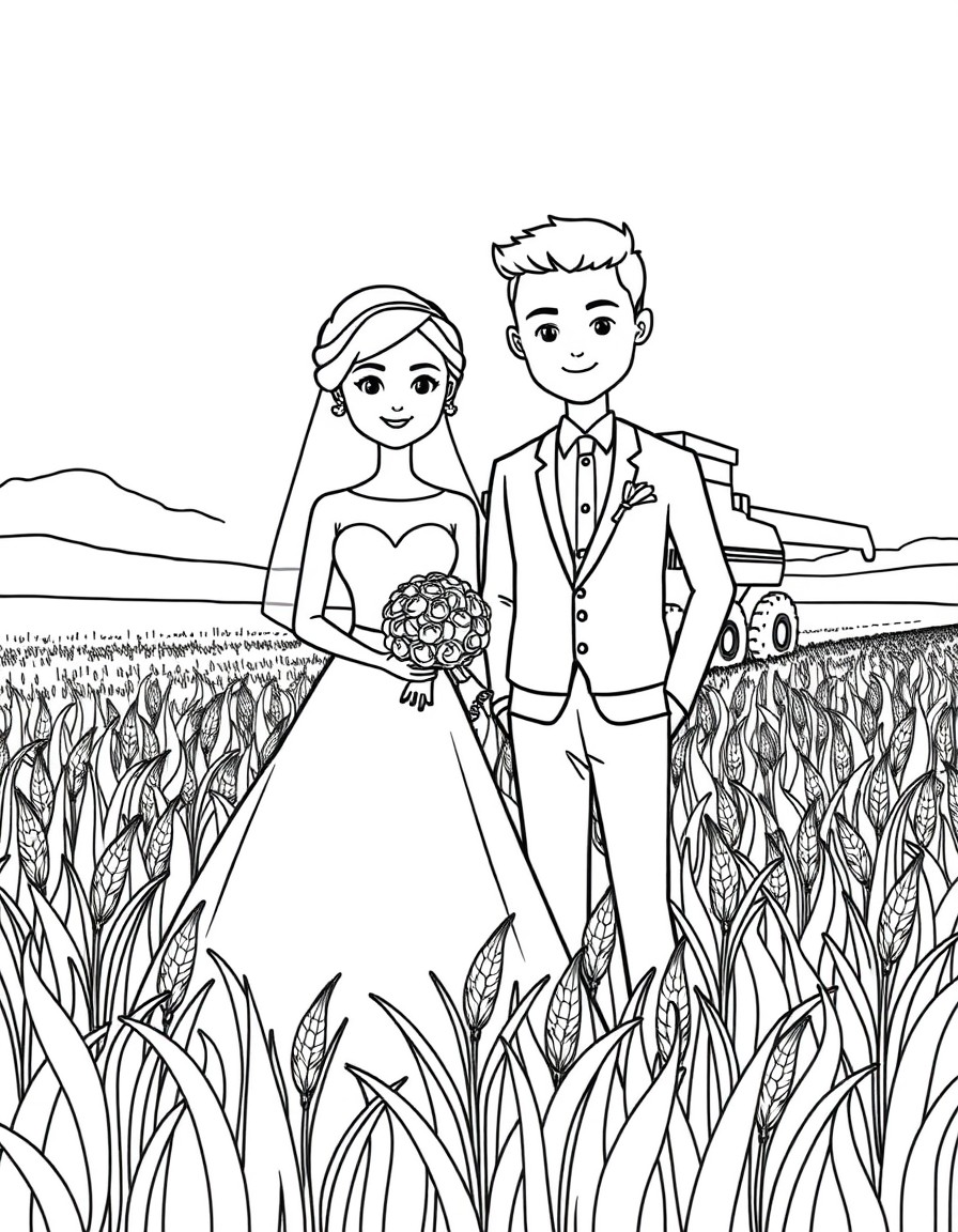 Wedding coloring page with a young couple standing in a grain field and a grain combine harvester also visible