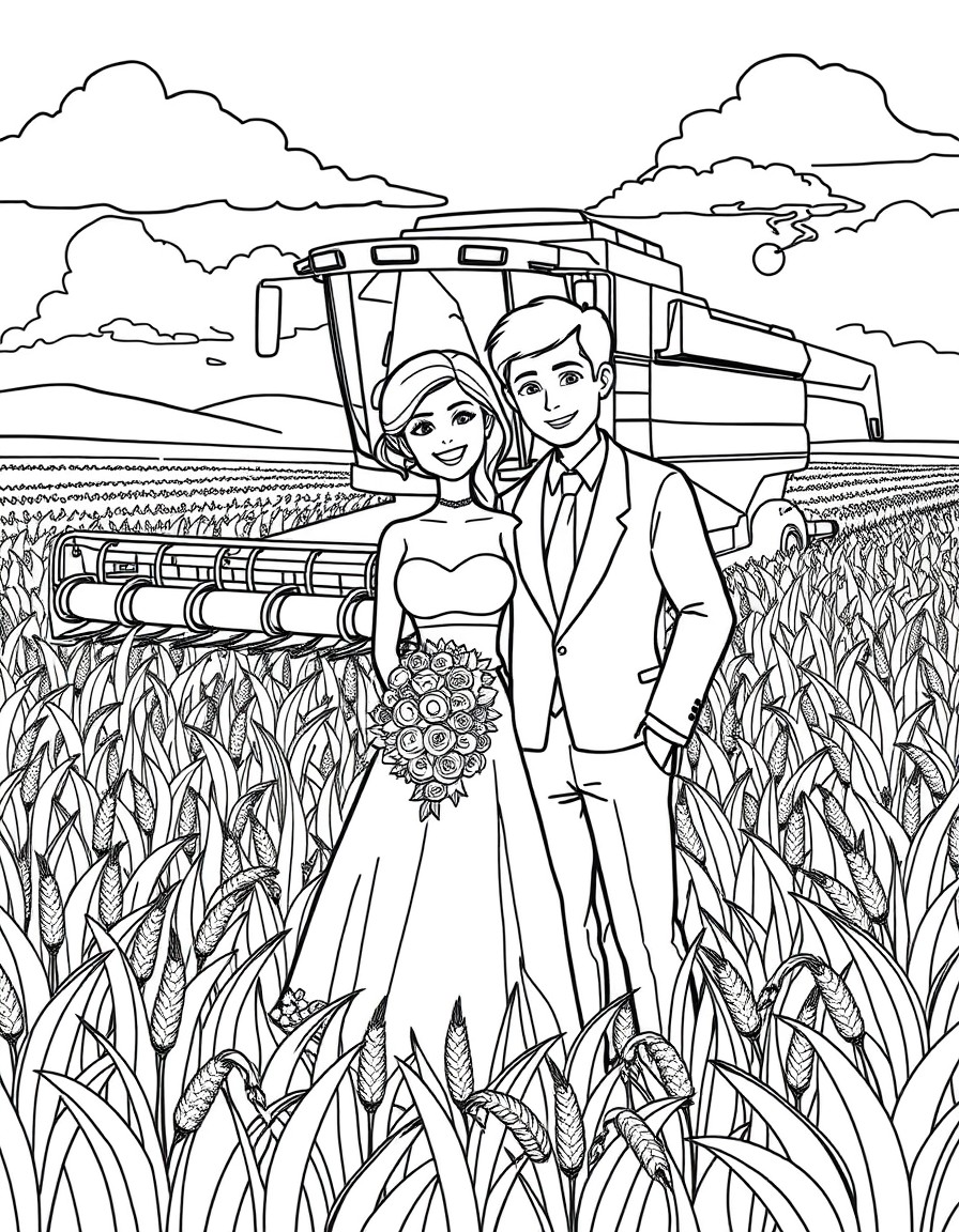 Wedding coloring page with a young couple standing in a grain field and a grain combine harvester also visible