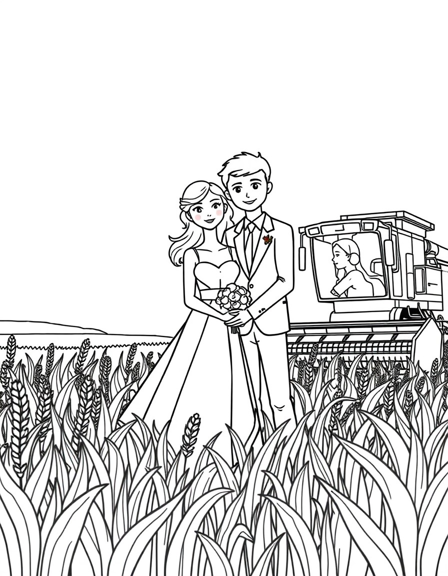 Wedding coloring page with a young couple standing in a grain field and a grain combine harvester also visible