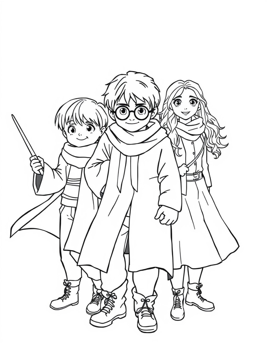 create a coloring page showing harry potter, ron and hermionne