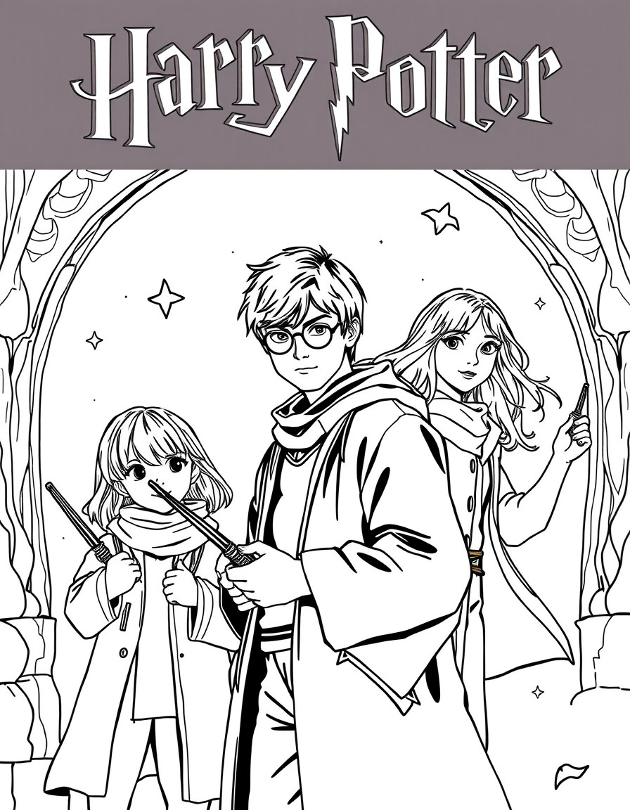 create a coloring page showing harry potter, ron and hermionne