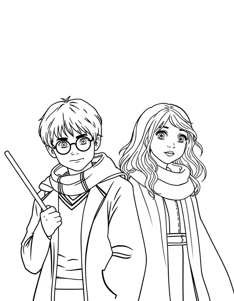 create a coloring page showing harry potter, ron and hermionne