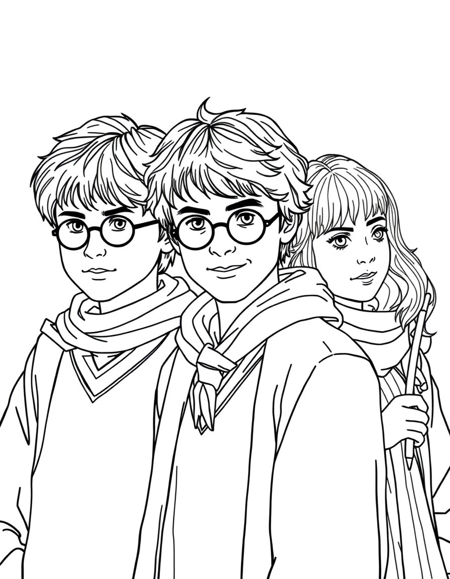 create a coloring page showing harry potter, ron and hermionne