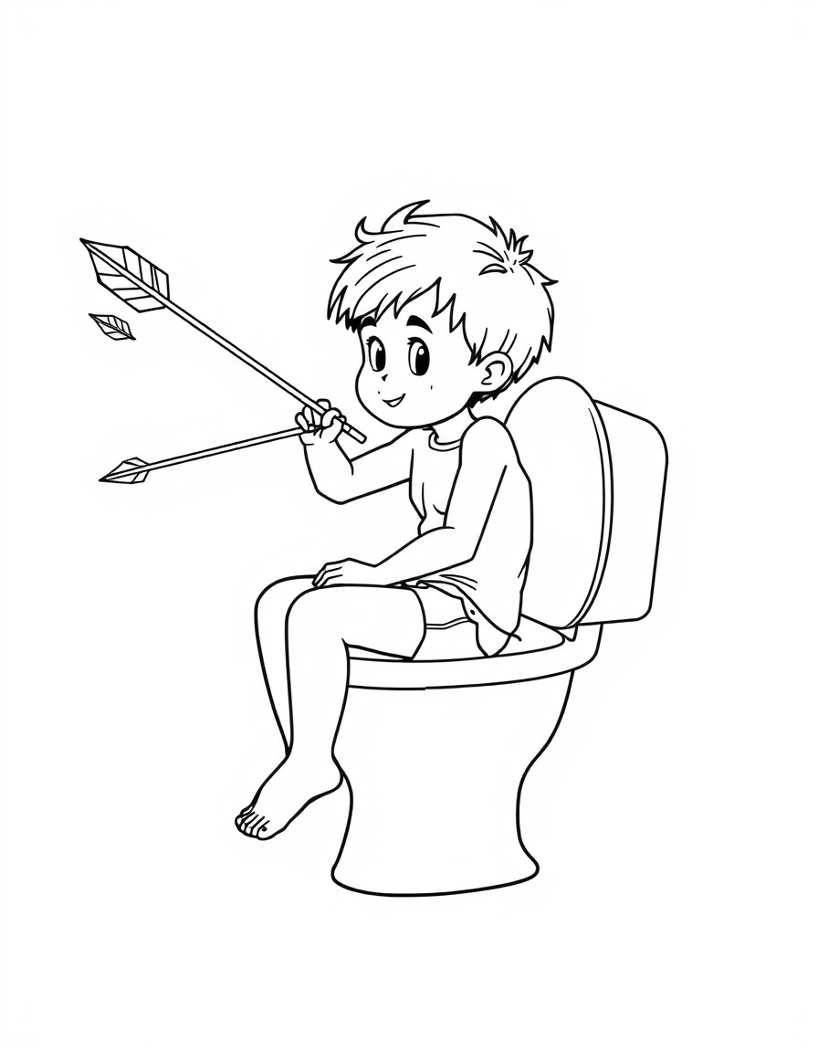 Boy sitting on toilet pooping and throwing arrows