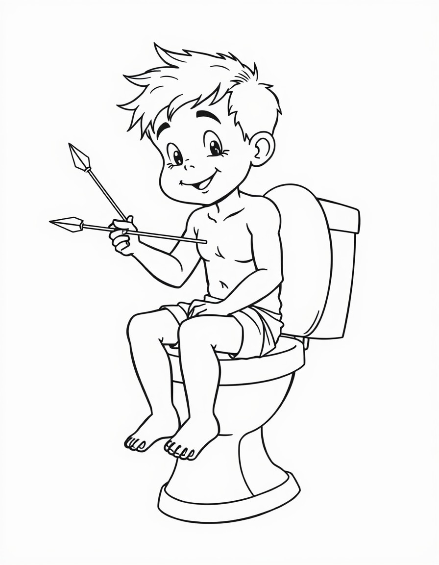 Boy sitting on toilet pooping and throwing arrows