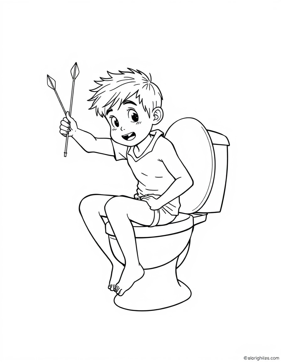 Boy sitting on toilet pooping and throwing arrows