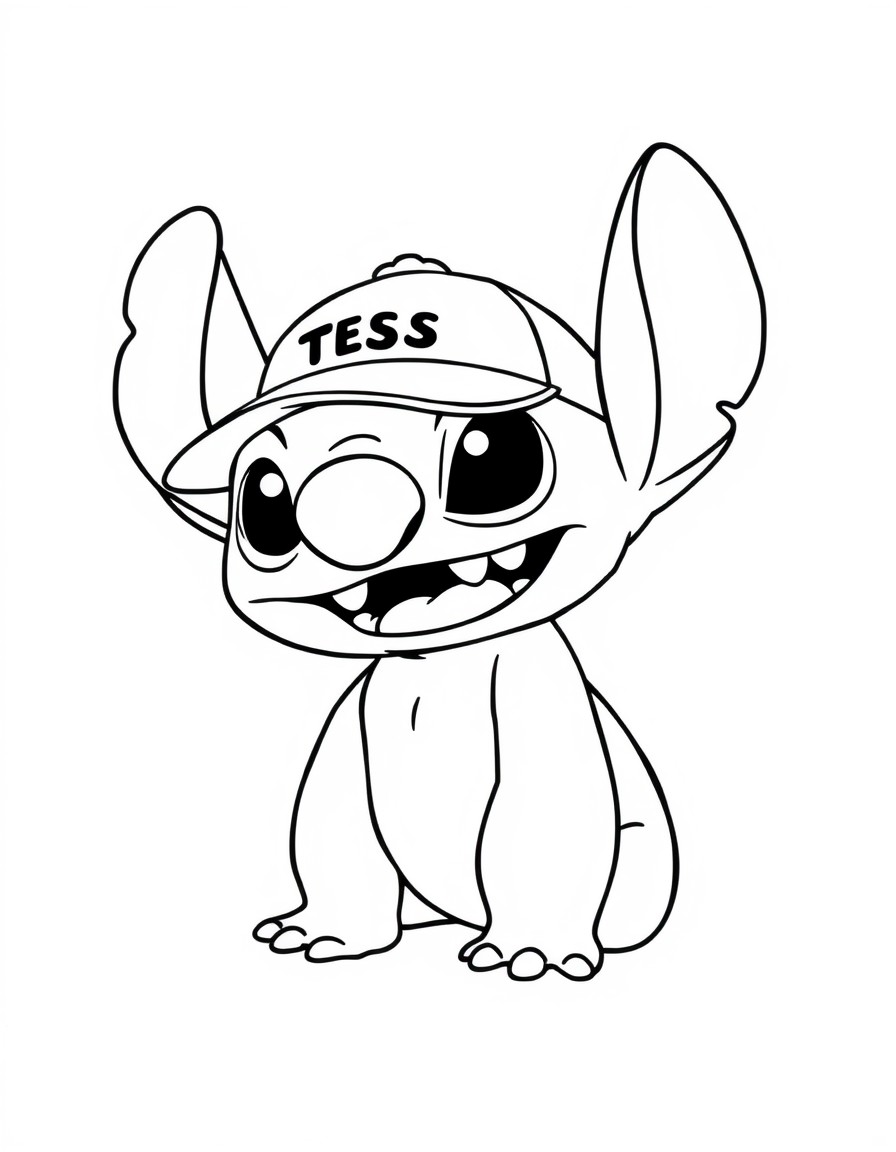 A cute Stitch with a cap that has the name 'TESS' on it