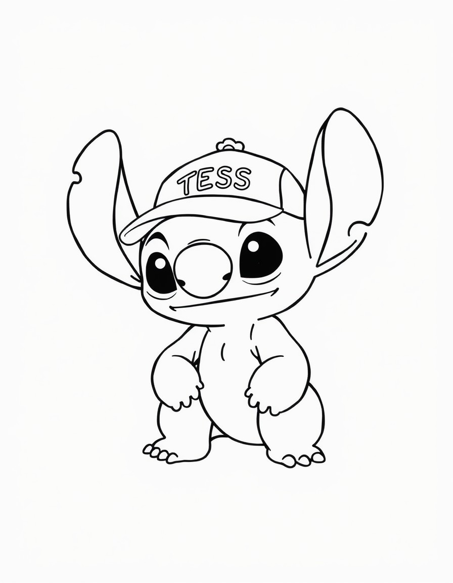 A cute Stitch with a cap that has the name 'TESS' on it