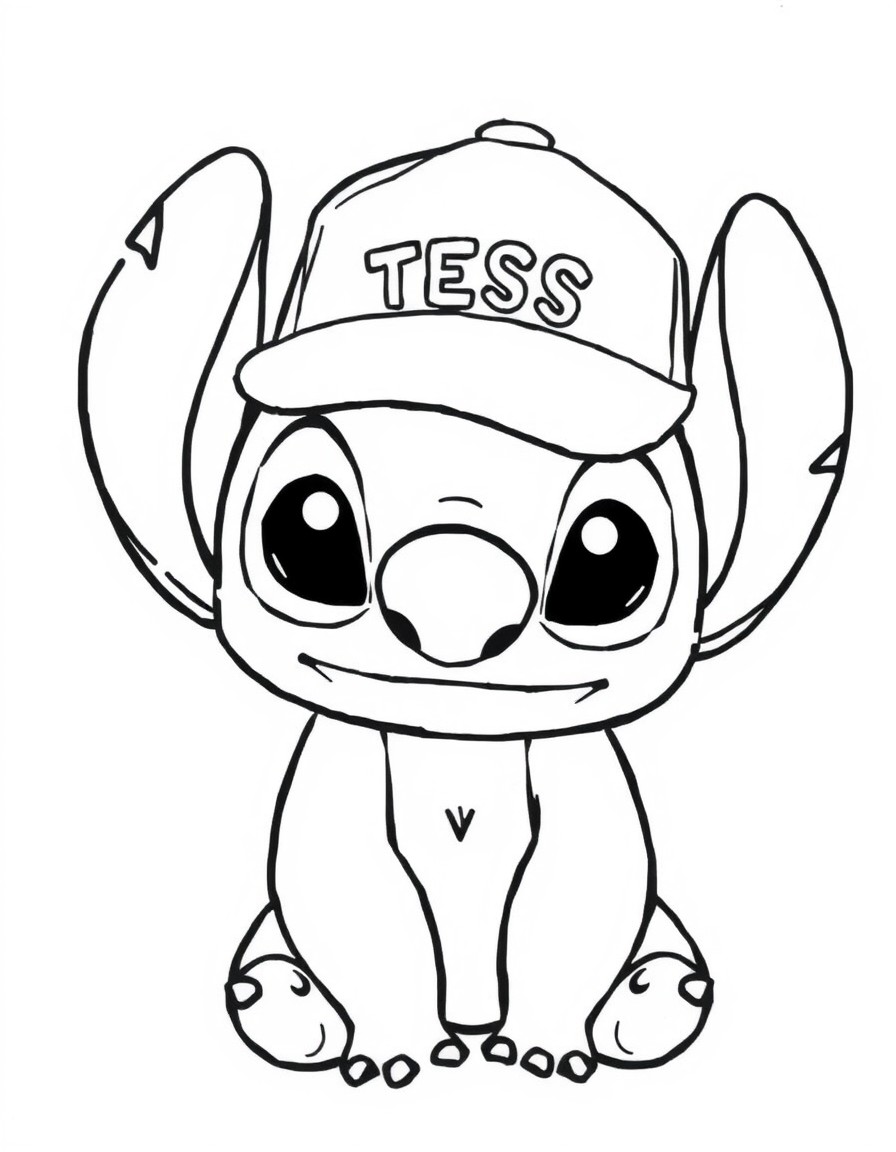 A cute Stitch with a cap that has the name 'TESS' on it