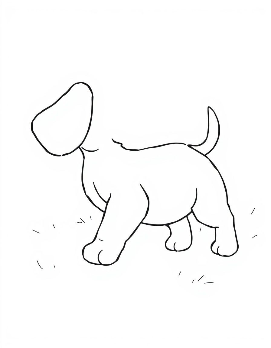 Generate an image with a colored illustration of 'a playful puppy' 'chasing its tail' on the left side and the same illustration in a black-and-white outline on the right side. Include 'big floppy ear