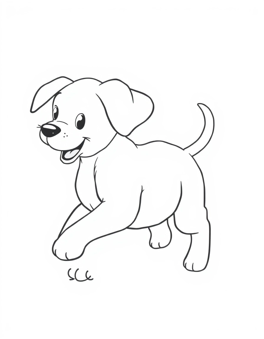 Generate an image with a colored illustration of 'a playful puppy' 'chasing its tail' on the left side and the same illustration in a black-and-white outline on the right side. Include 'big floppy ear