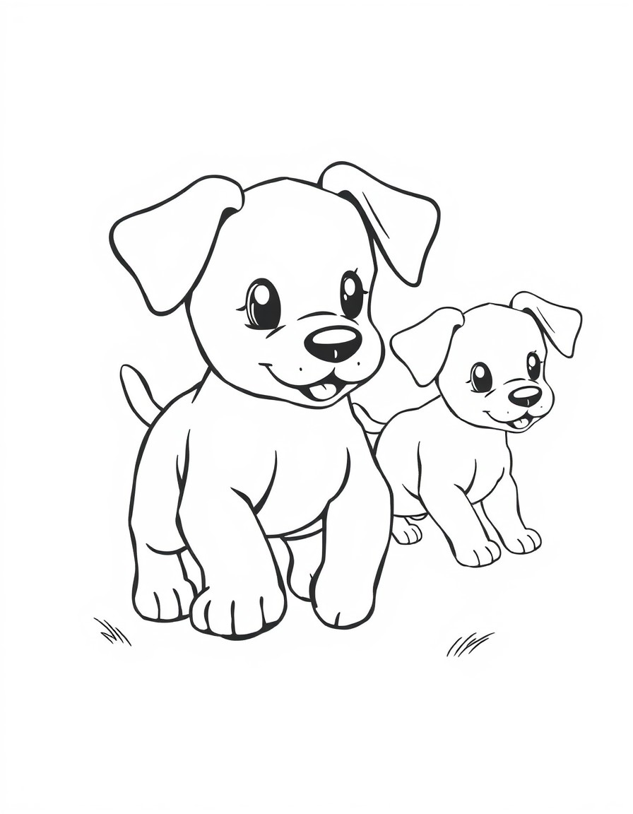 Generate an image with a colored illustration of 'a playful puppy' 'chasing its tail' on the left side and the same illustration in a black-and-white outline on the right side. Include 'big floppy ear