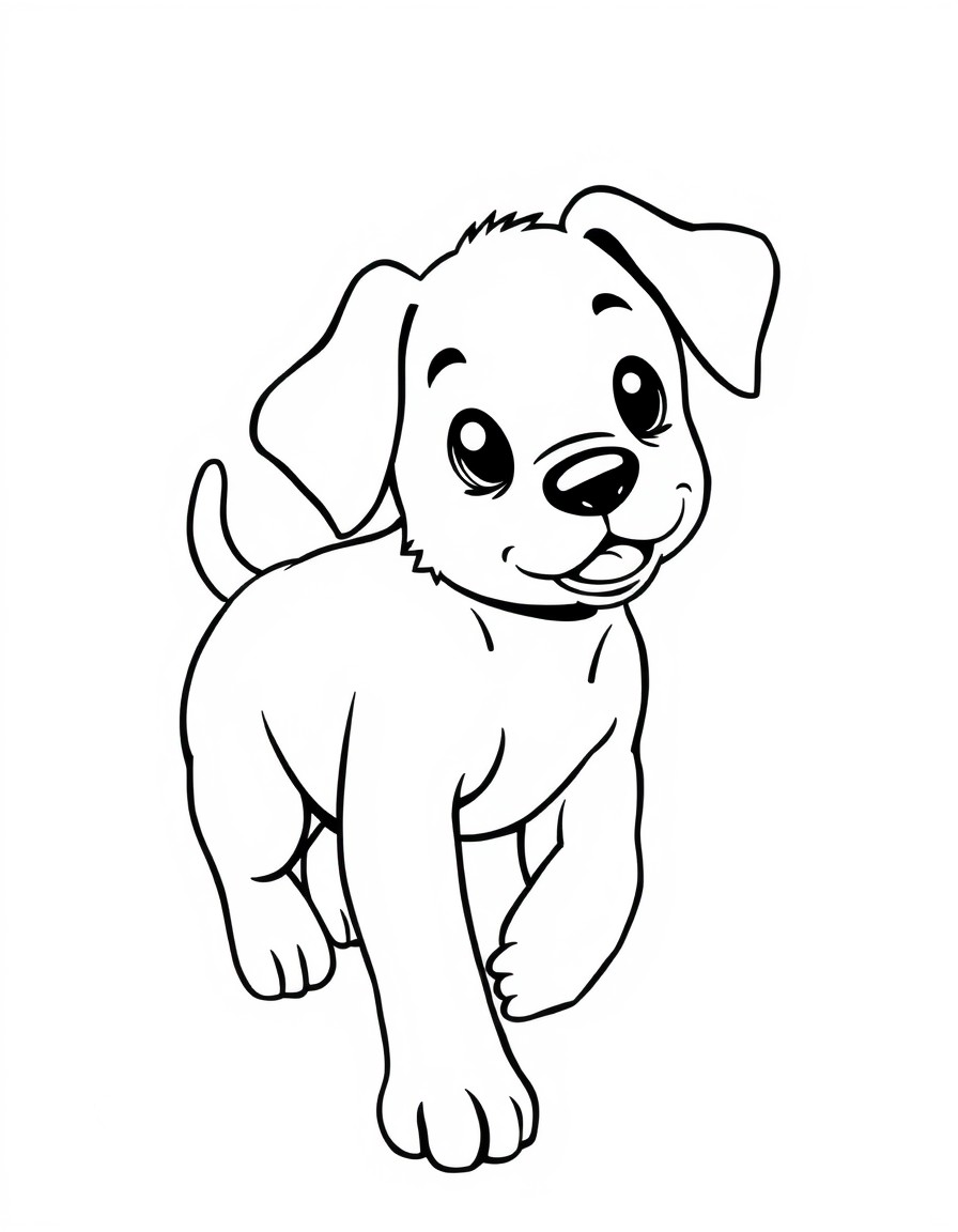 Generate an image with a colored illustration of 'a playful puppy' 'chasing its tail' on the left side and the same illustration in a black-and-white outline on the right side. Include 'big floppy ear