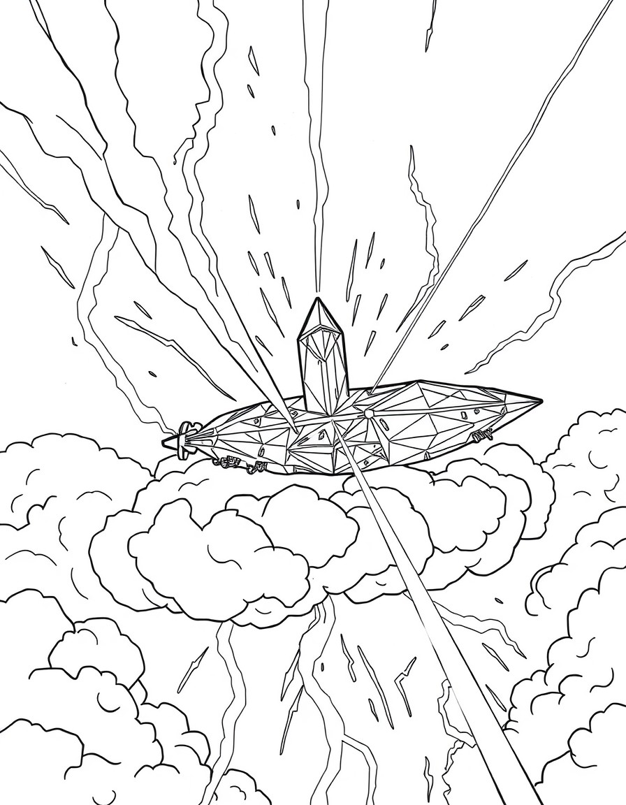 Crystal ship of perpetual consciousness, riding a thunderstorm cloud, fractured prismatic light beams streak across the frame