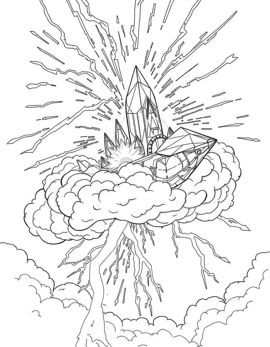 Crystal ship of perpetual consciousness, riding a thunderstorm cloud, fractured prismatic light beams streak across the frame