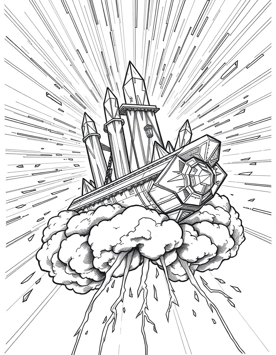 Crystal ship of perpetual consciousness, riding a thunderstorm cloud, fractured prismatic light beams streak across the frame