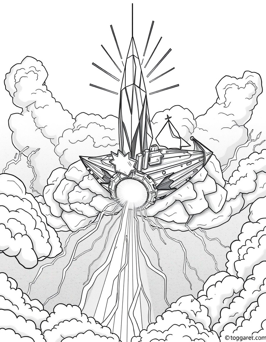 Crystal ship of perpetual consciousness, riding a thunderstorm cloud, fractured prismatic light beams streak across the frame